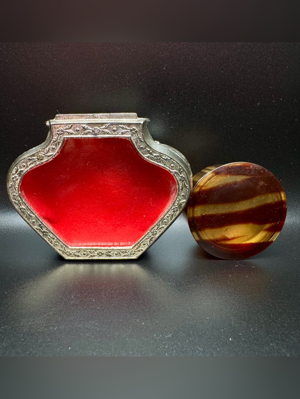 Vintage Japan Silver Trinket Box Red Velvet + Faux Tortoise Powder Jar